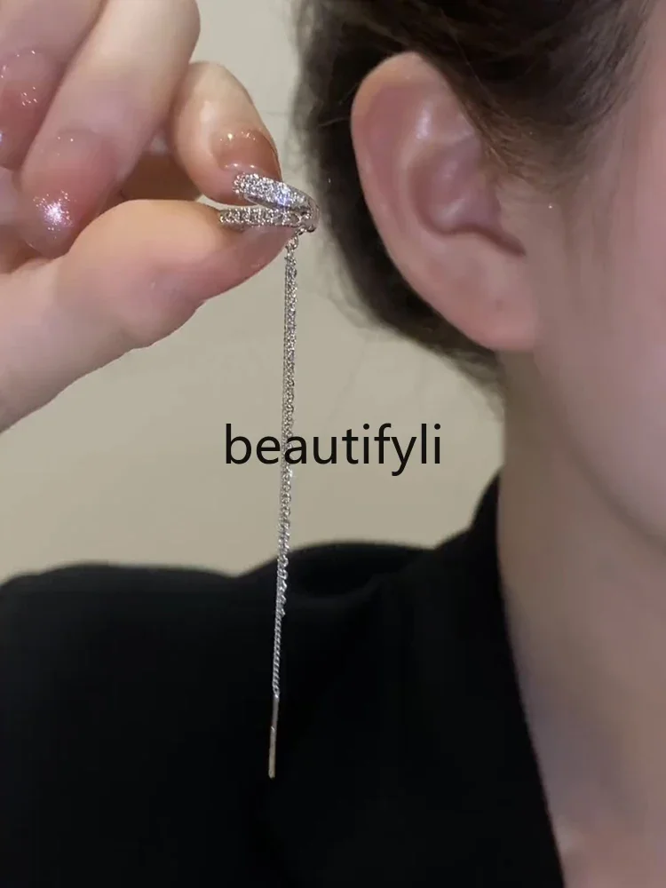 Premium double-layer diamond-encrusted long tassel ear bone clip without ear piercing female simple personalized ear clip