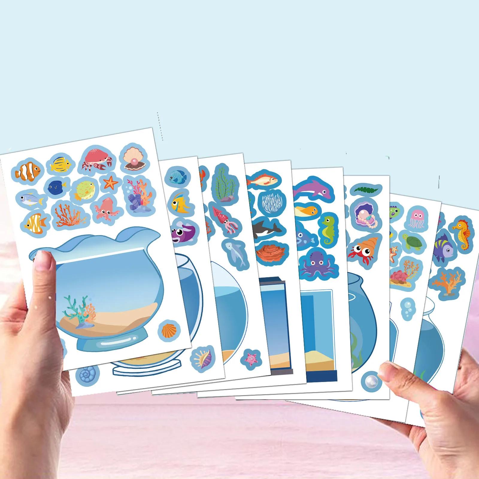 8Sheet DIY Dream Fish Tank Puzzle Stickers Creative Cartoon Marine Life Fish Educational Decorative Sticker for Scrapbook Laptop