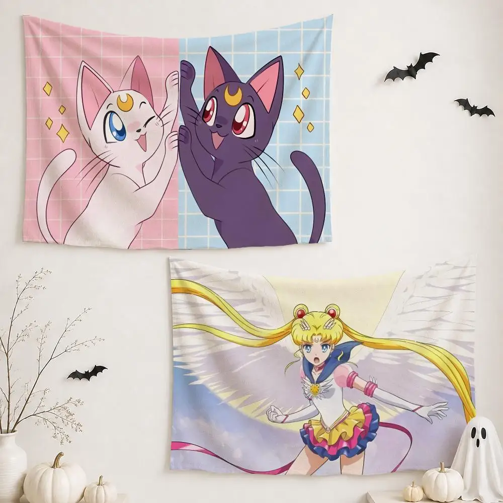 Lovely S-Sailor M-Moon Tapestry Custom Living Bedroom Party Dormitory Interior Wall Bohemian Decoration Attached Clip