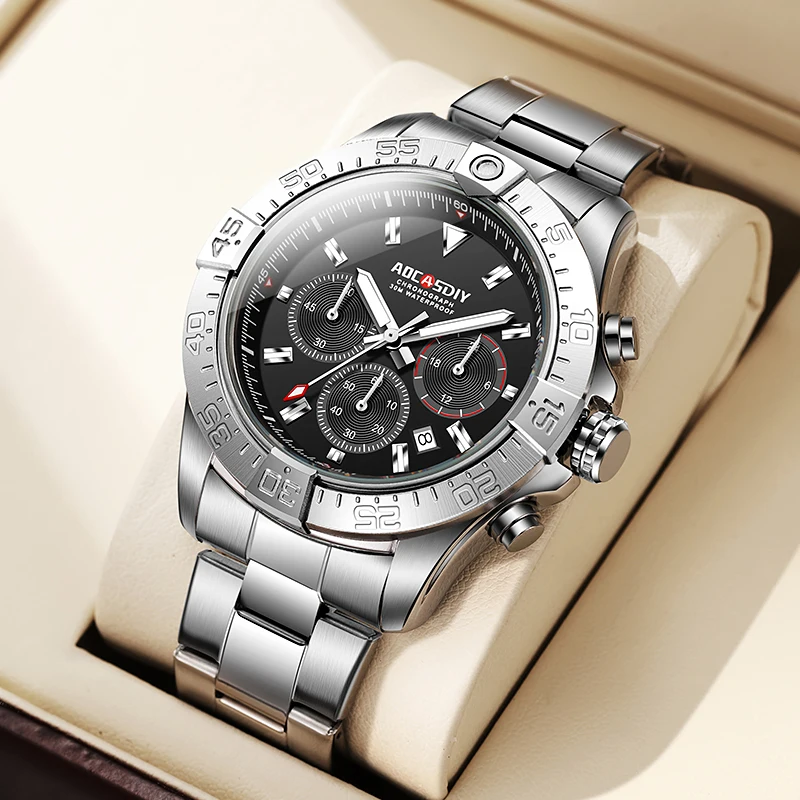 Men's watch, three eye six pin steel strap watch, luminous calendar, quartz watch