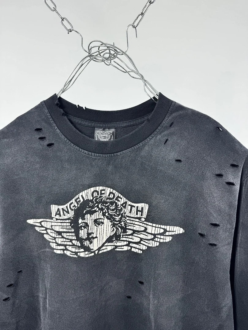 Vintage Saint Destroyed Hole Long Sleeve T Shirt Men Wing Angel Graphic Distressed Oversized Loose Tee Gothic Streetwear T-shirt
