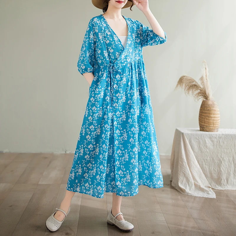 Niebieska spódnica midi z nadrukiem białych lodowych kwiatów, damska, letnia, nowa, z paskiem, długa spódnica plus size, kwiecista, cienka, z włókna poliestrowego.