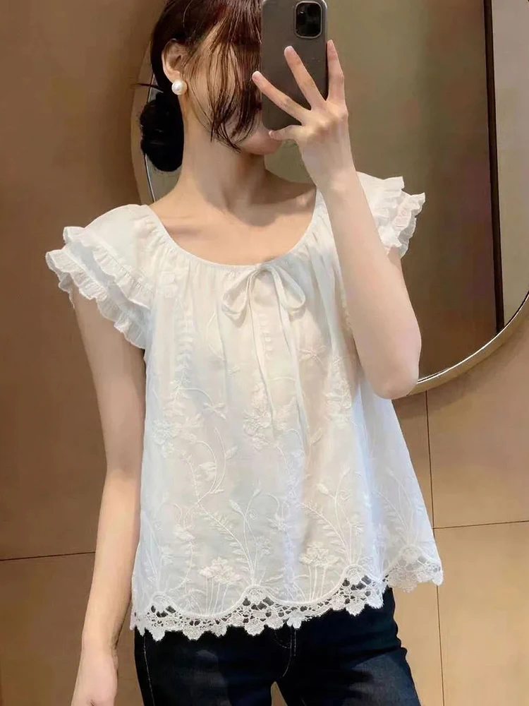 

Ruffles Women Sweet White Blouse Fashion O Neck Bow Lace Up Cute Shirt Summer Chic Casual Female Flying Sleeve Embroidery Tops