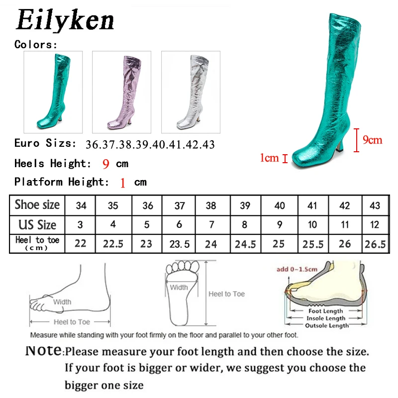 Eilyken Fashion Design Knee-High Women Boots Fashon Square toe High Heels Bling Patent Leather Autumn Winter Booties Shoes