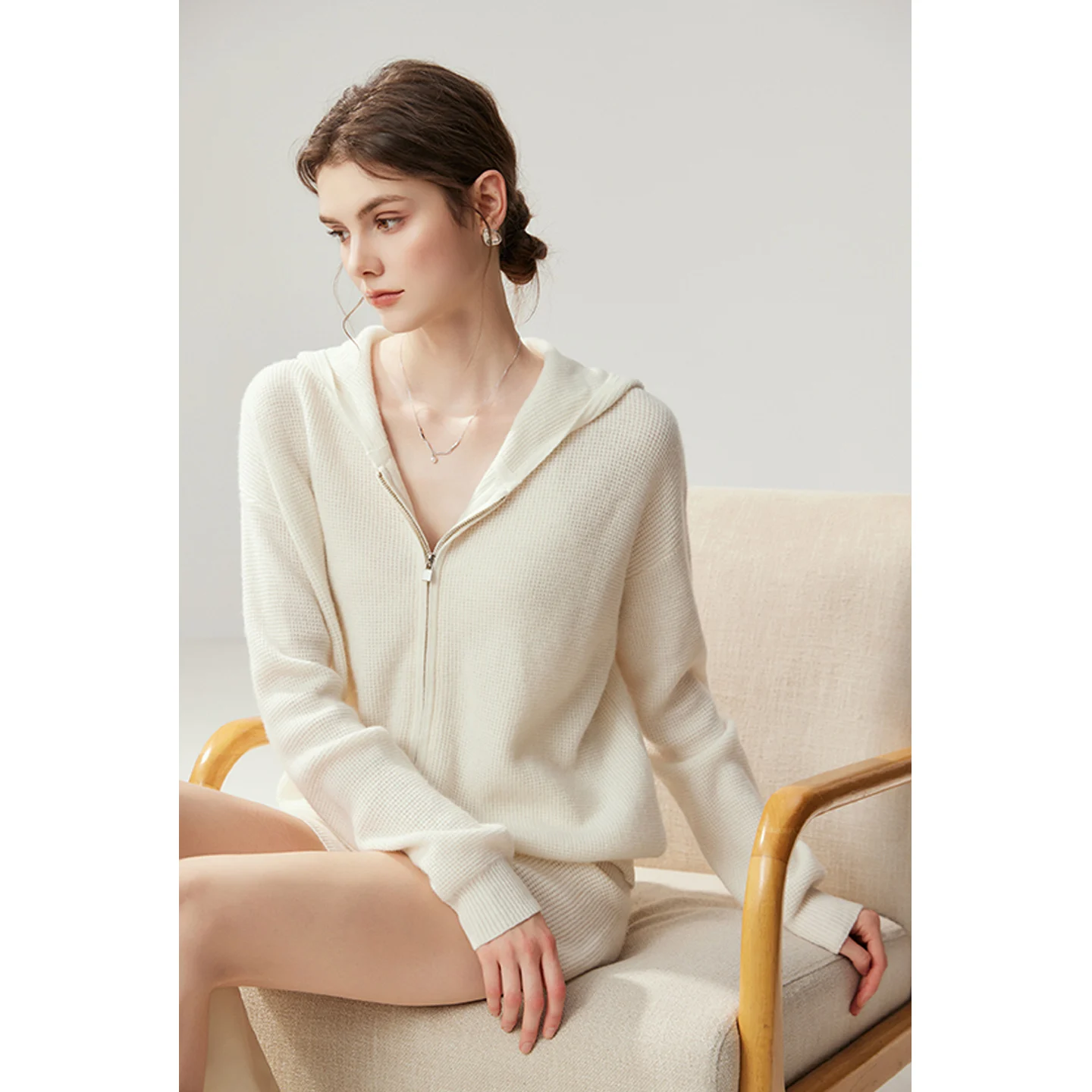 Women 100% Cashmere Sweater Waffle Zipper Hooded Cardigan Shorts Set Autumn Winter Short Pants Solid Drawstring Trousers Knitted view 6