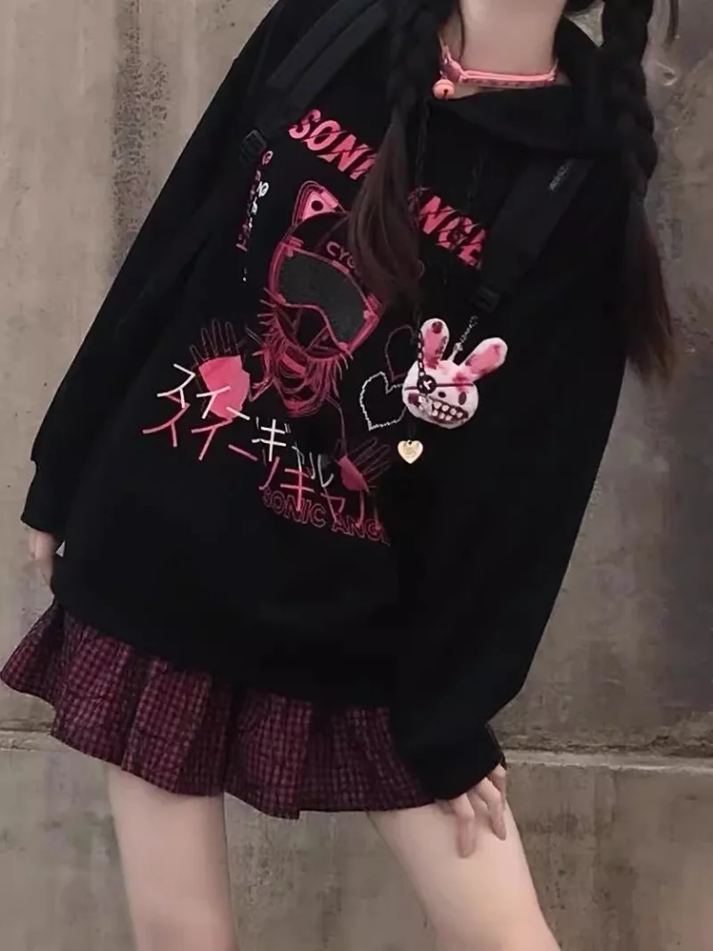 2024 New Japanese Autumn and Winter Two-dimensional Subculture Cartoon Graffiti Hooded Sweater Long-Sleeved Top For Women