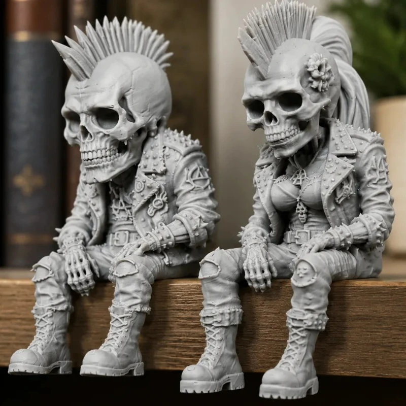 Mohawk Punk Skull Couple Figurine 3D Printed sitting posture Edge Skeleton Statue Gothic Desk Decor for Bookshelf & Gaming Table