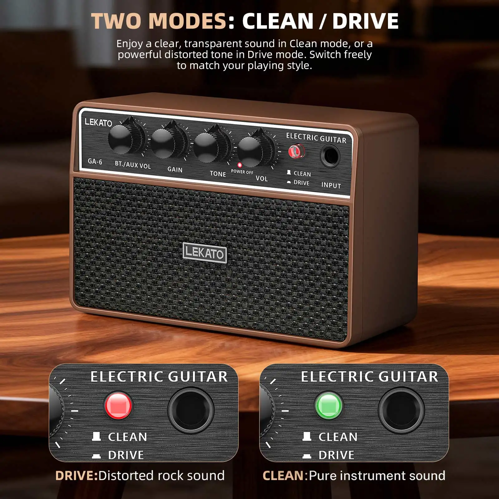 Lekato Portable Rechargeable Guitar Amp- Headphone Out& Bluetooth for Silent Practice Dual Channels &Compact Design for Practice