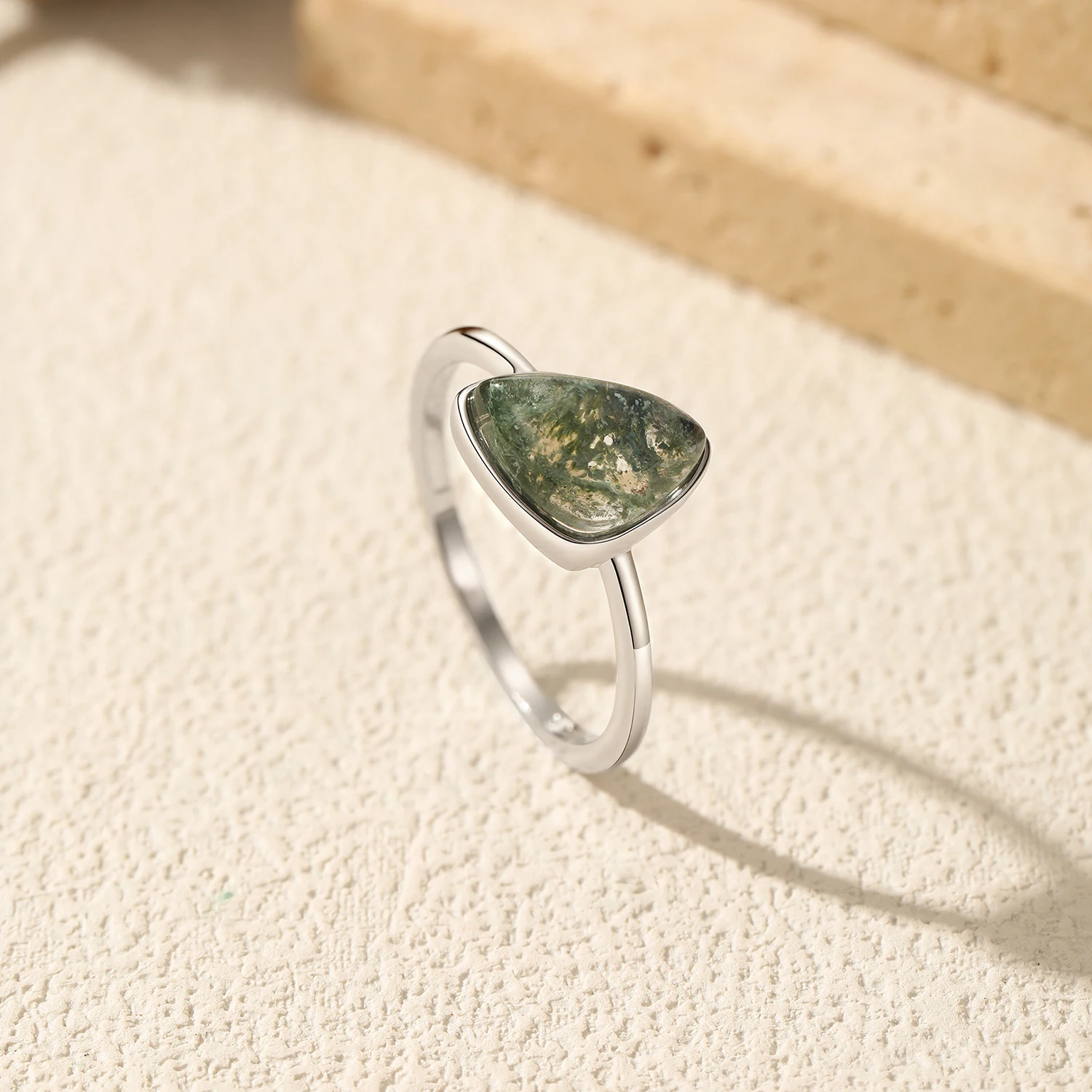 MODIAN 925 Sterling Silver Triangle Moss Agate Ring Bezel Set Solitaire Dainty Thin Band Stackable Finger Ring For Women Jewelry - view 5