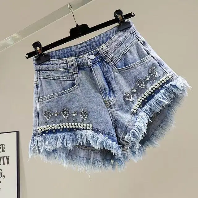 Pink Bead Diamond Irregular Burr Edge Wide Leg A-Word Denim Shorts Hot Pants Women's Korean High Waist Jean Shorts Mujer