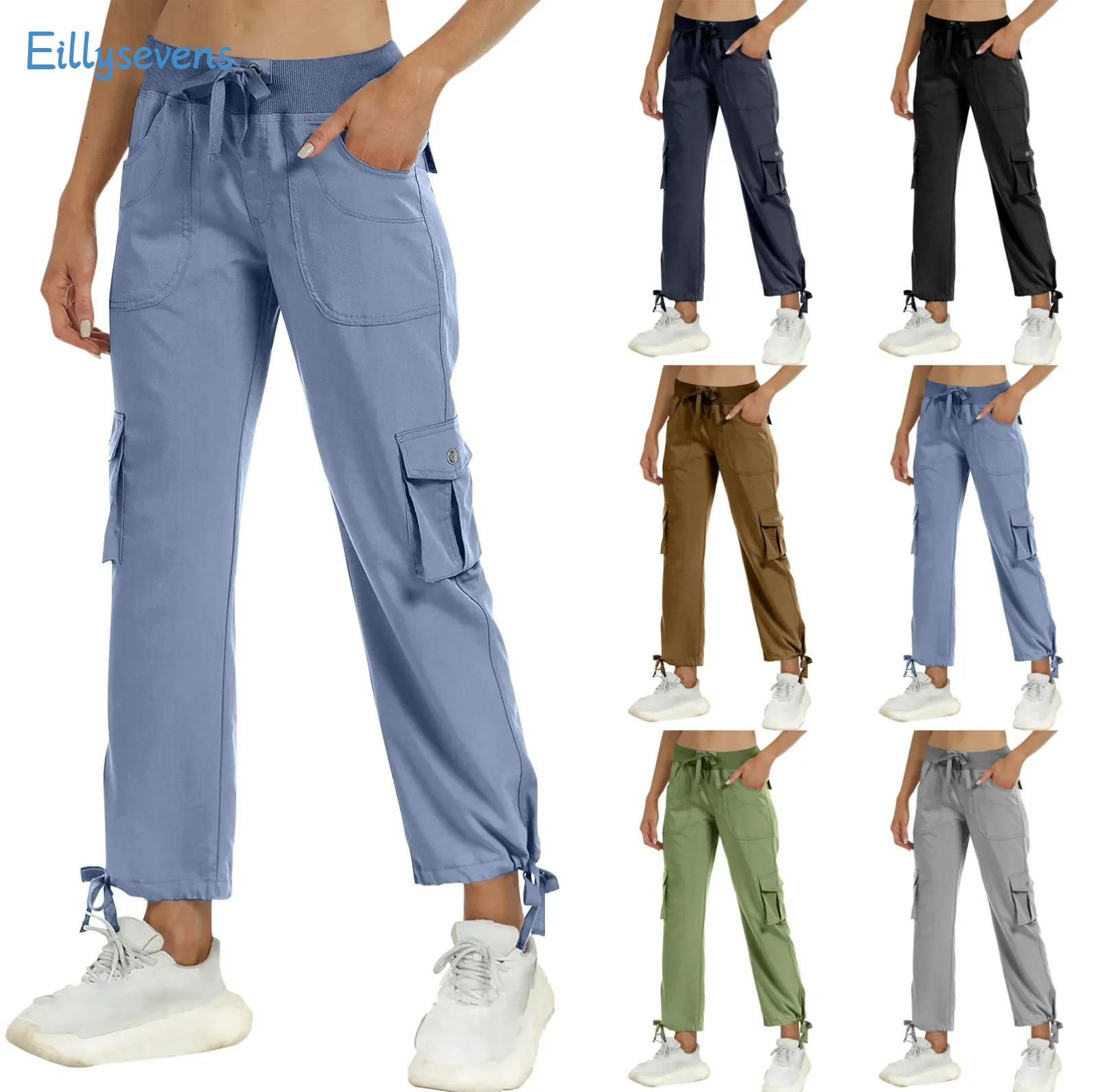 Women'S New Cargo Pants Lightweight Joggers Drawstring Elastic Waist Overall Daily Casual Travel Camping Pant With Pockets