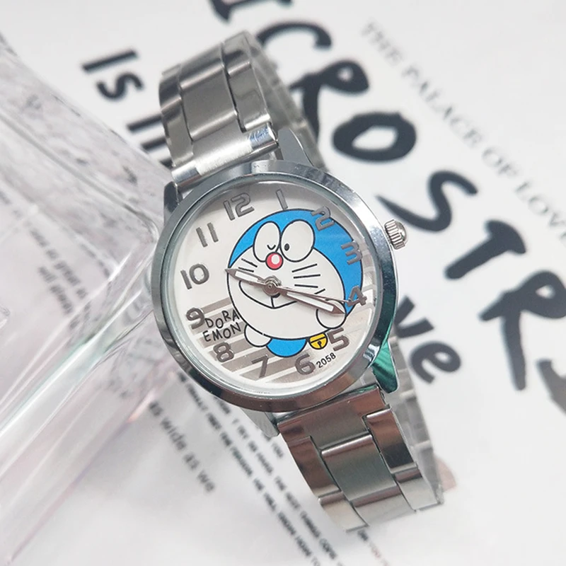 Miniso Anime dibujos animados Doraemon redondo cuarzo niños niñas estudiantes reloj moda correa de acero inoxidable reloj de pulsera regalo de Navidad