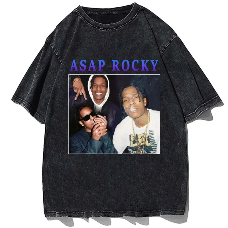 Streetwear Asap Rocky Graphic Printed Men\'s And Women\'s Washed T-Shirts Fashion Retro Punk Hip Hop Short Sleeve T-Shirts Summer