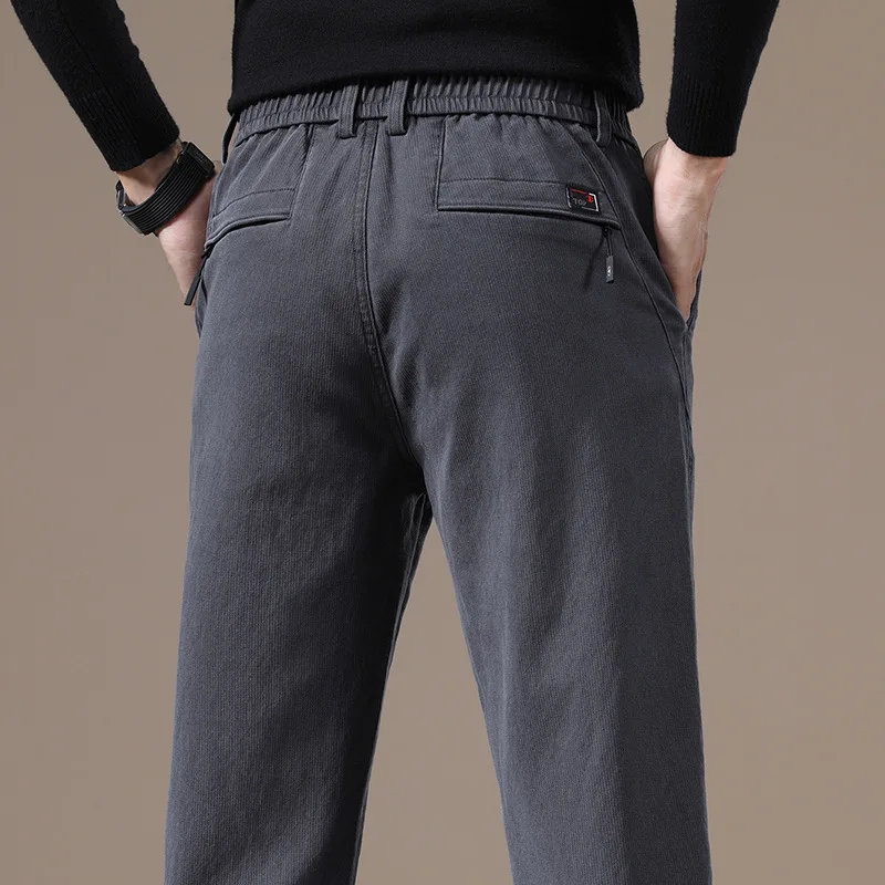 Men Pant Long Pants Straight Trousers High Elastic Waist Slim Fit Pocket Casual Regular Solid Splice Autumn Winter 2024