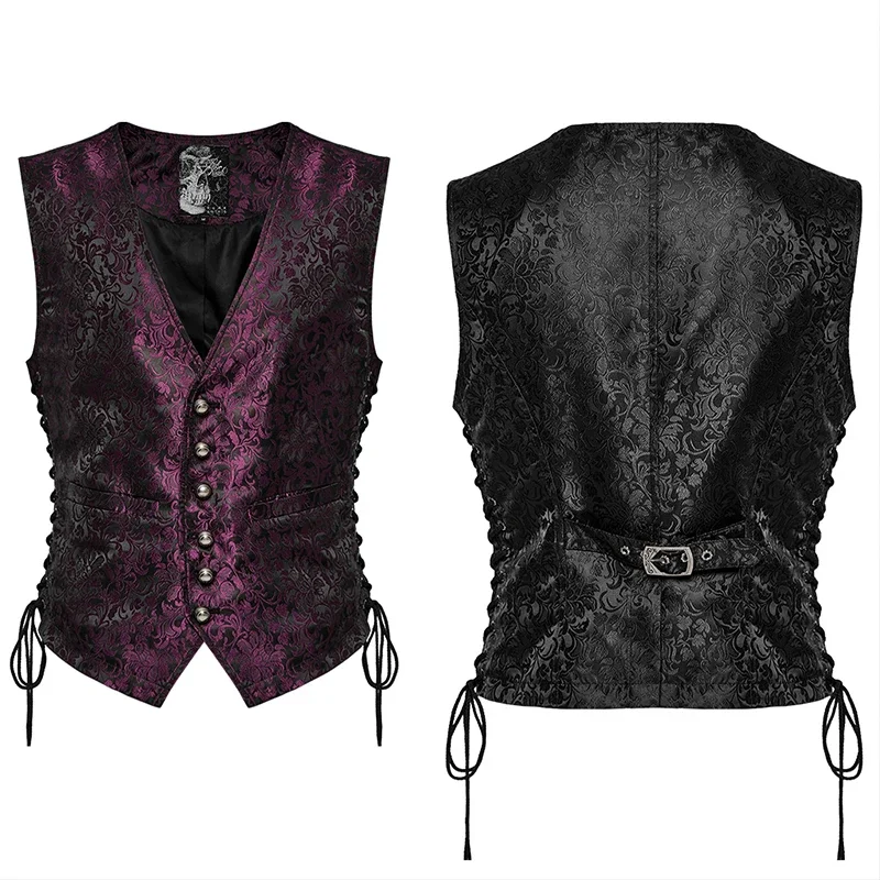 PUNK RAVE Men\'s Gothic Exquisite Jacquard Waistcoat Eyelet Drawstring Design Party Elegant Slim Vest Men Clothing