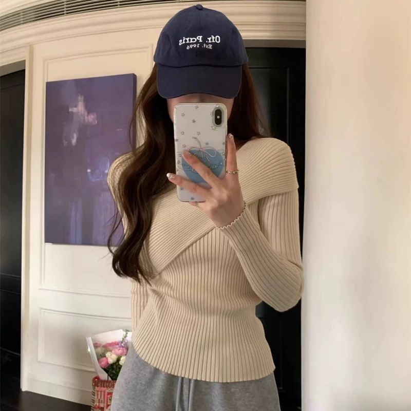 الكورية سليم صالح مزاجه الأرجواني الصليب المرأة طويلة الأكمام محبوك القمم الخريف الشتاء موضة جديدة تنوعا سترة غير رسمية