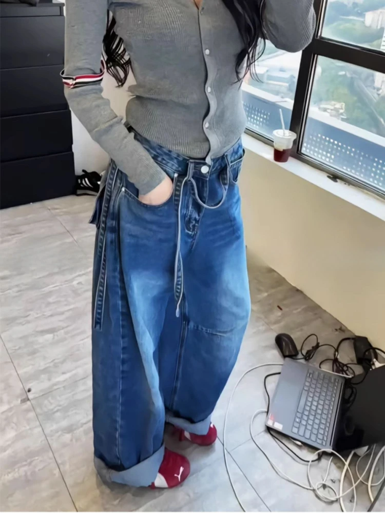 

American style spicy girl loose curved knife jeans summer new style loose BF lazy style fashion relaxed wide leg pants