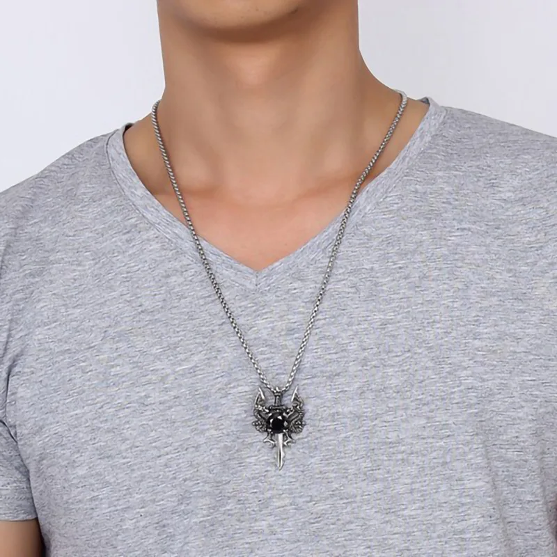 Popular Accessories Men's Pendant Stainless Steel Black Zircon Pendant Holy Sword Necklace Red Diamond Gemstone