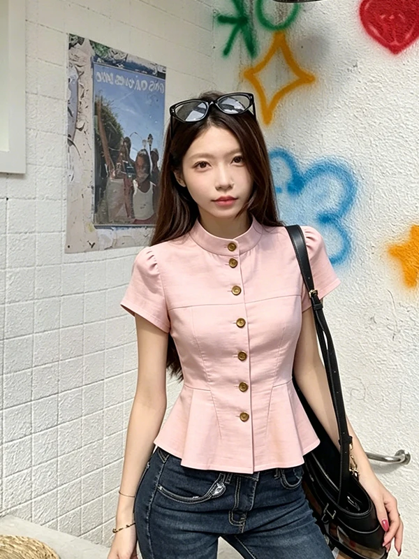 

Elegant Pink Short Sleeve Shirt Women's Commuter Style Fashionable Top French Style Waist-Cinching Button-up Summer New Arrival