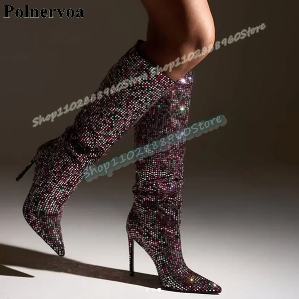 

Knee High Mixed Sparkling Crystals Pointy Boots Thin High Heel Women Shoes Slip On Pointed Toe Party Stylish Zapatos Para Mujer
