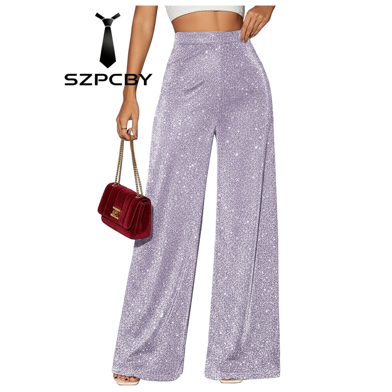 Sparkly Glitter Pants for Women Shiny Sparkling Womens Pants Dressy Casual High Waisted Wide Leg Trousers