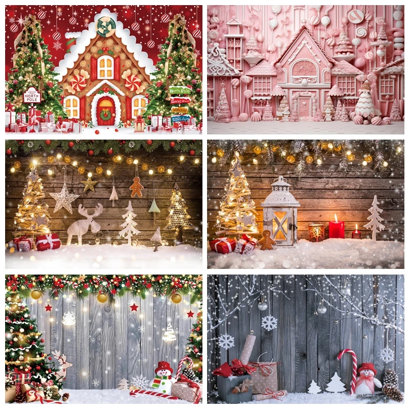 

Christmas Backdrop for Photography Winter Snow Barn Wood Door Santa Claus Wooden Wall Background Photo Studio Props