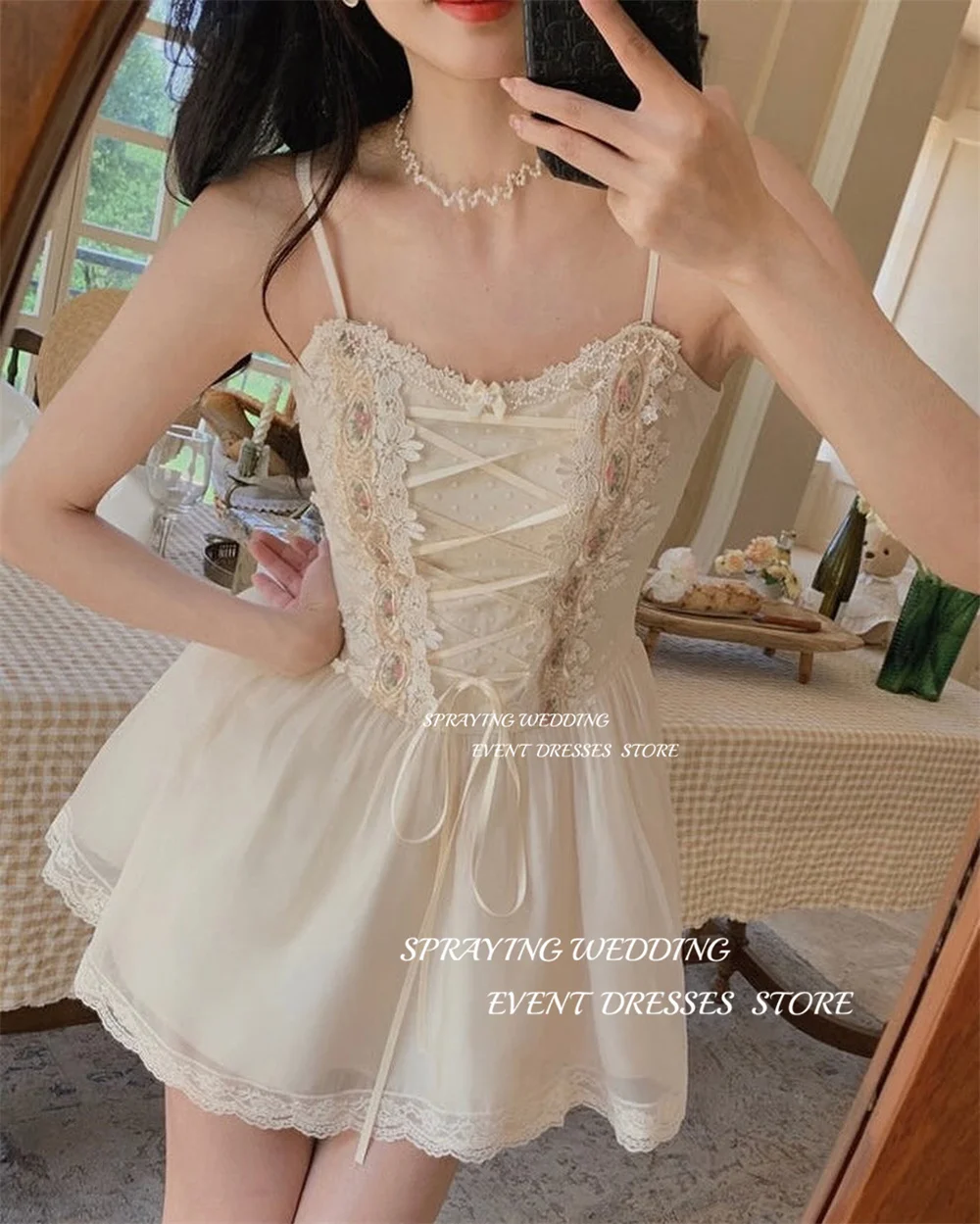 SPRAYING Sexy Lace Ribbon A-line Short Wedding Party Dresses Mini Strapless Evening Prom Dresses Spaghetti Straps Prom Gown