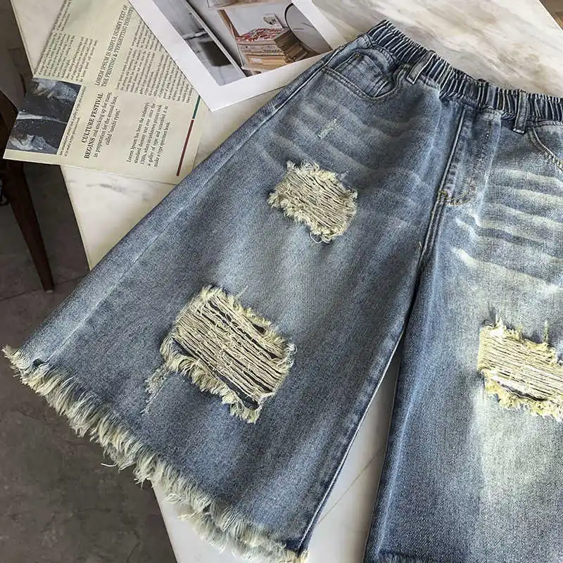 ハイウエスト プラス サイズ レディース リップド ショーツ 夏 ルーズ ソリッド カラー ワイドレッグ パンツ ストリート スタイル シンプル すべて一致 ジーンズ