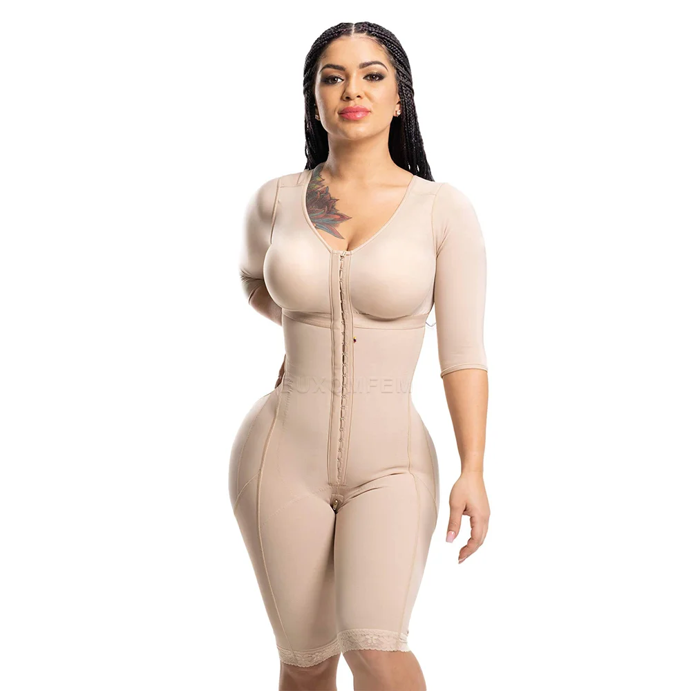 Seamless Faja with Sleeves & Bra Elastic Tight Push Up Complete Body Shaper Adjustable Bodysuits with Hook Eyes Shapewear Girdle