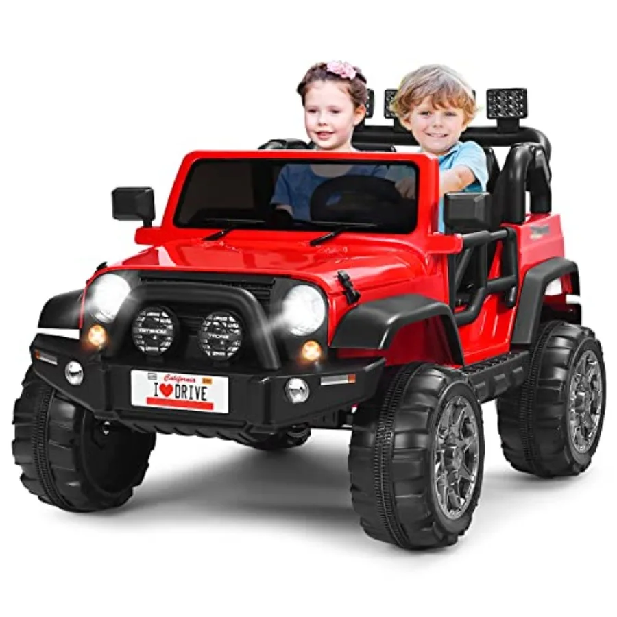 2-Seater Ride on Truck, 12V Battery Powered Electric Vehicle Toy w/Storage, Remote Control, 3 Speed, LED Lights, MP3, Horn, Music, 2 Doors Open, Spring Suspension, Ride on Car for Kids (Red)