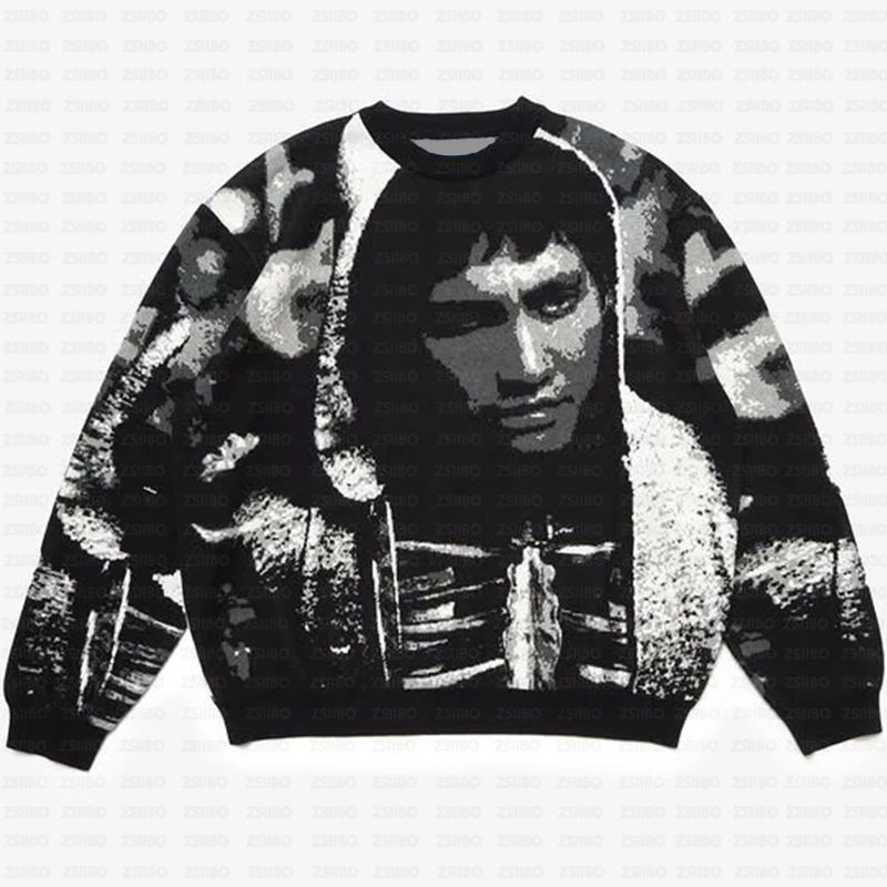 

Y2K European American Retro Figures Jacquard Leisure Personality Art Elegant Niche Round Neck Pullover Sweater Men Loose Sweater