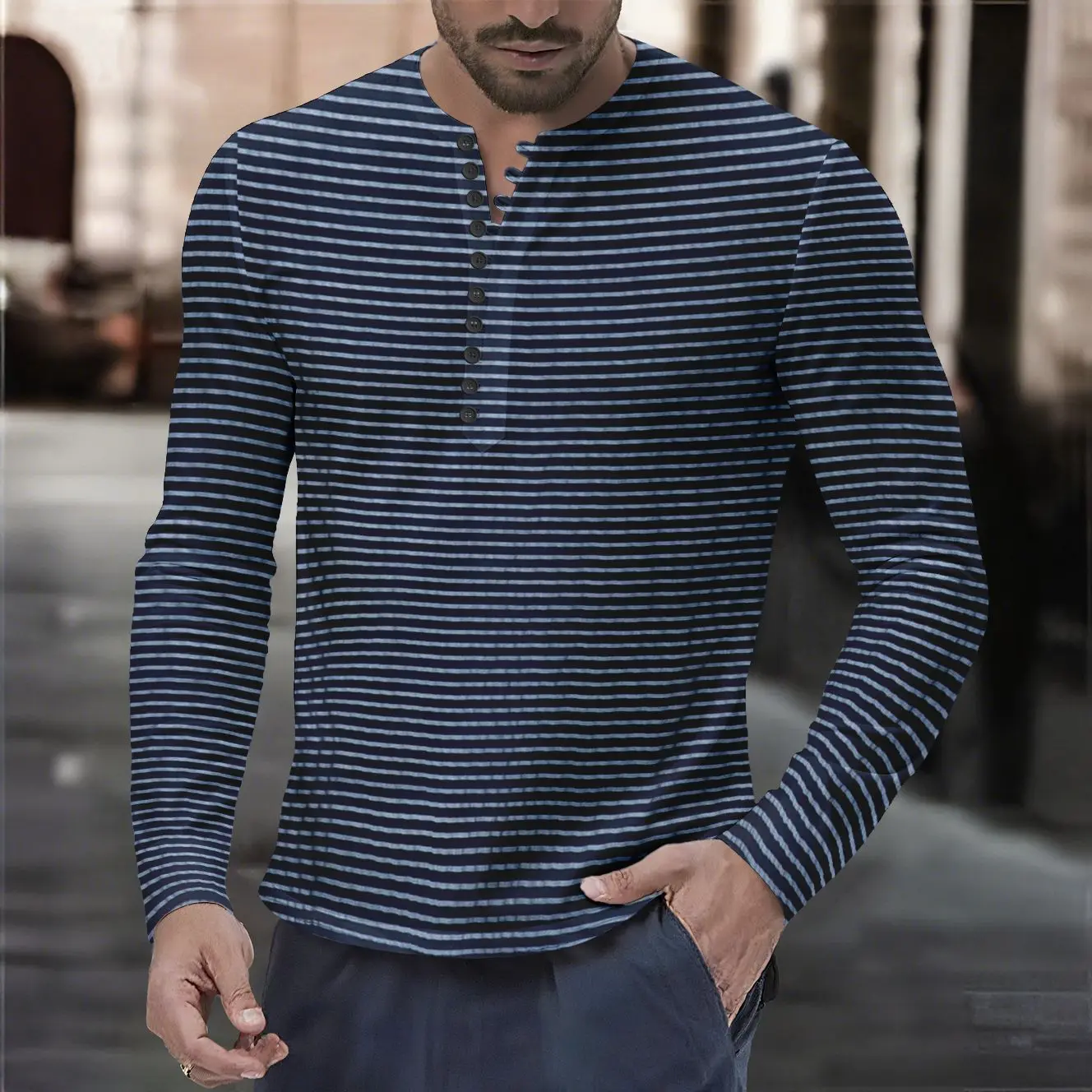Yama Men's Autumn And Winter Versatile Bottom Long Sleeve Henry Shirt Casual Horizontal Striped Henry T-Shirt