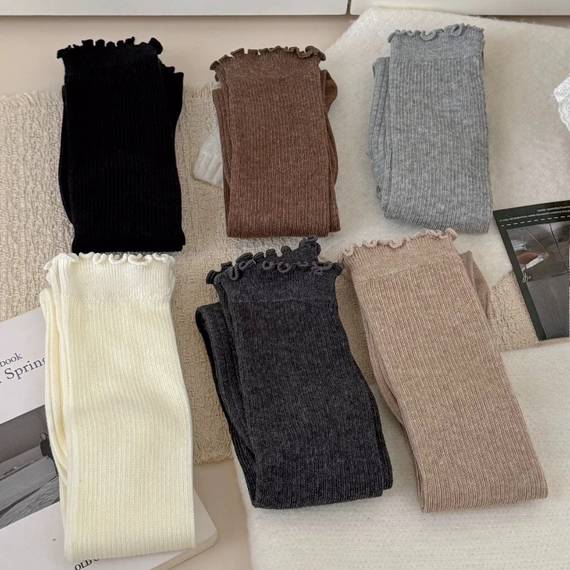 Japanese‑Style Ruffled Cuff Slouch Socks Autumn Winter Lace Edge Calf Socks Soft Knit Cotton Stockings Daily‑match Leg Hosiery