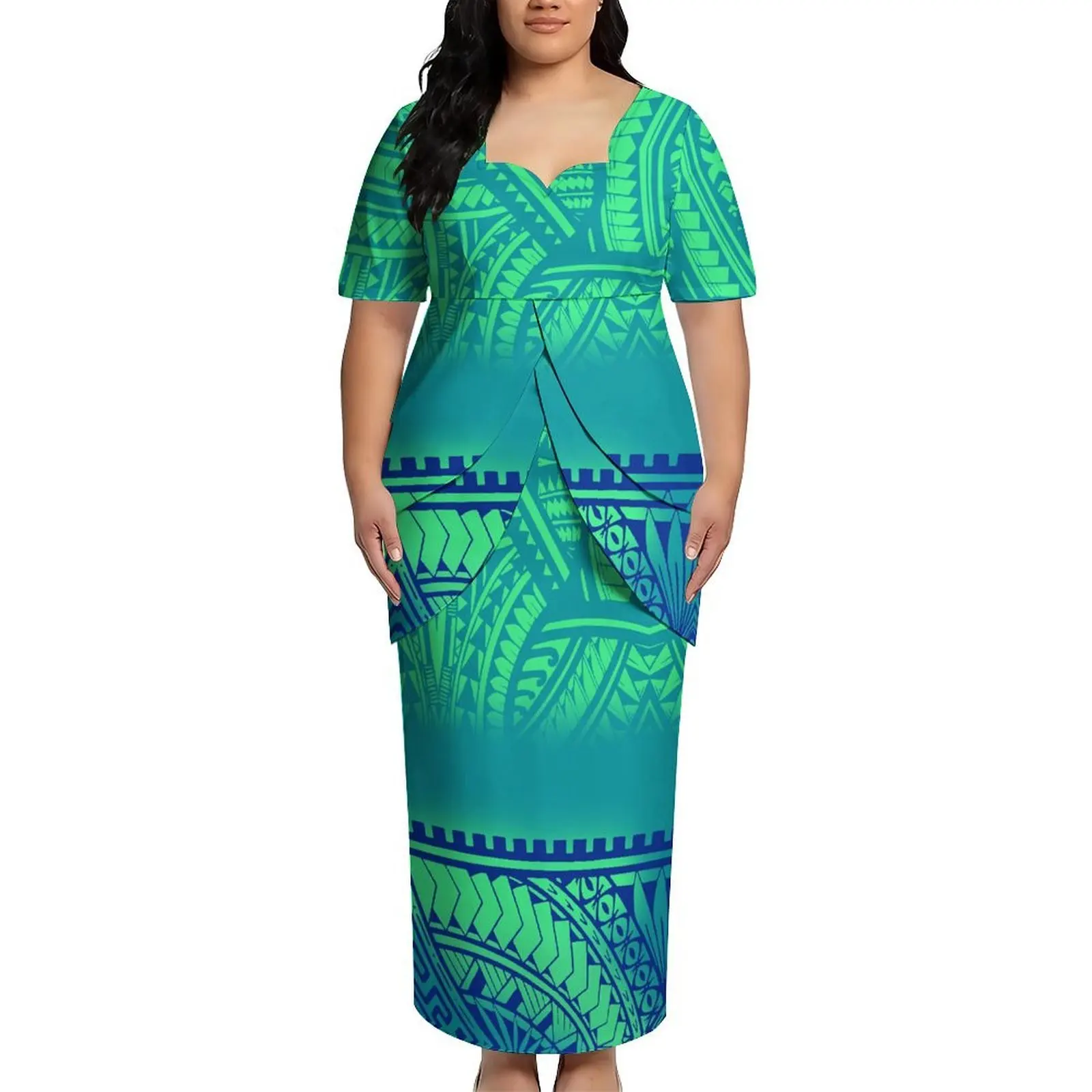 Beach Party High-Definition Pattern Customization Puletasi Flower Petal Double-Tiered Fringed Skirt Set High Quality Polynesian