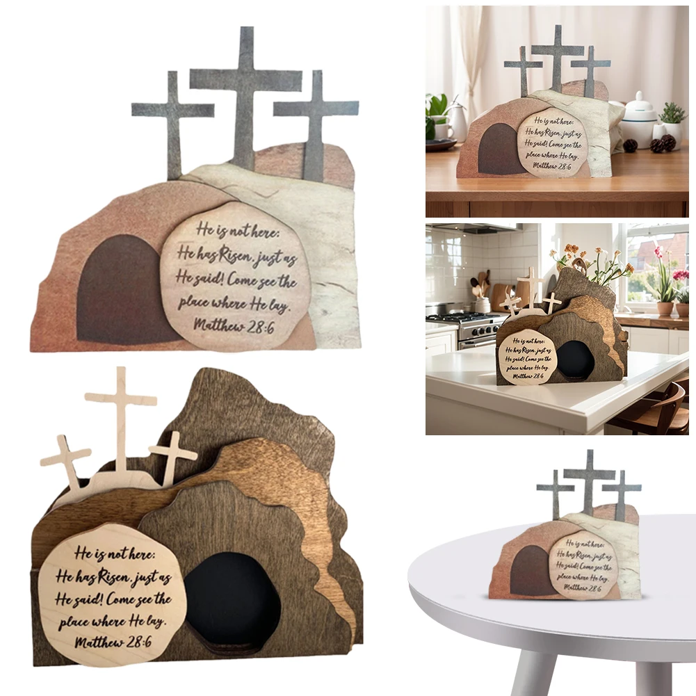 Ostern Auferstehung Szene Set Jesus Krippe Holzkreuz leere Grab Statue Set einfach montieren Ostern Statue Desktop-Dekor