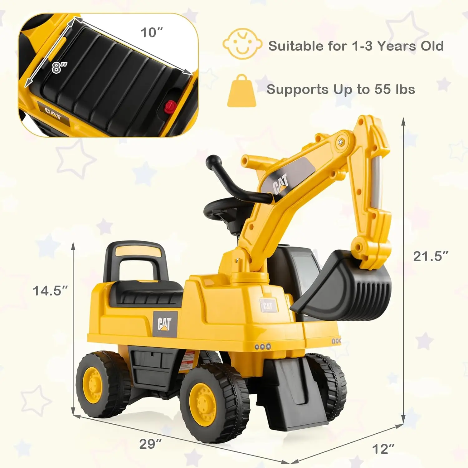 Driver's Cab Ride on Excavator w/Rotatable Digging Bucket Under-seat Storage Ride on Toys for Toddlers 1-3 Gift