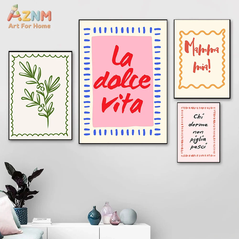 AZNM Colorful Italian Food Canvas Wall Art Pasta Pizza Wine Olive Oil Retro Typography Kitchen Dining Decor Unframed Canvas Post