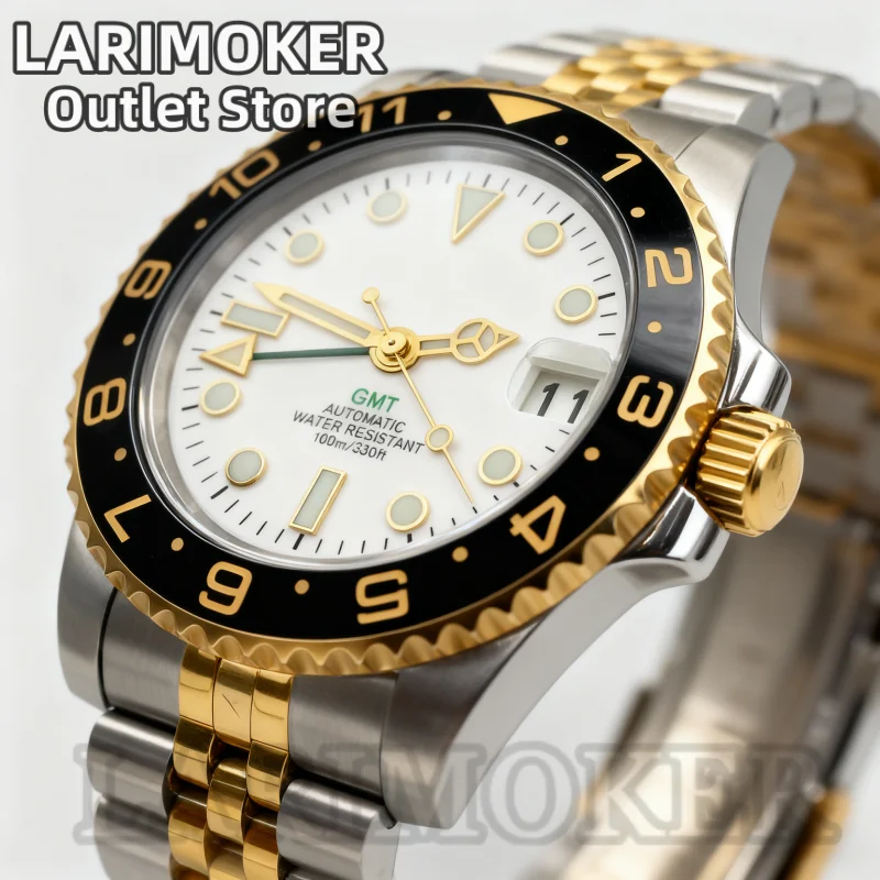 LARIMOKER 40mm Gold and Silver GMT Diving Automatic Watch NH34 Movement Sapphire Crystal White Dial Gold Markers C3 Green Lume