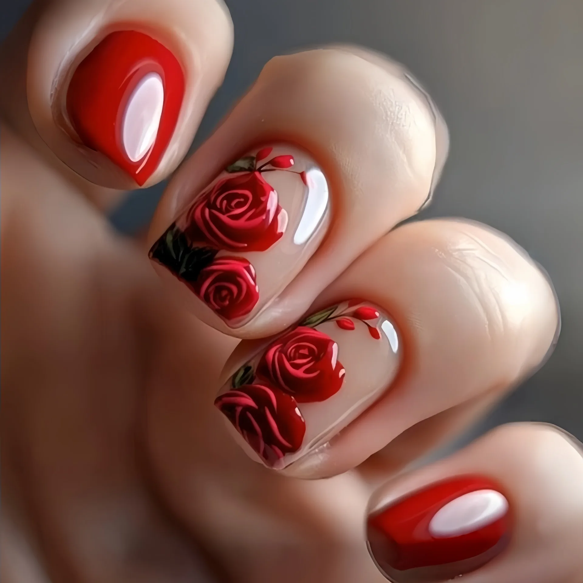 

24PCS Red Rose Medium Square False Nails Romantic Valentines Day European Nail Tips Fashionable Removable Press on Nails 네일팁