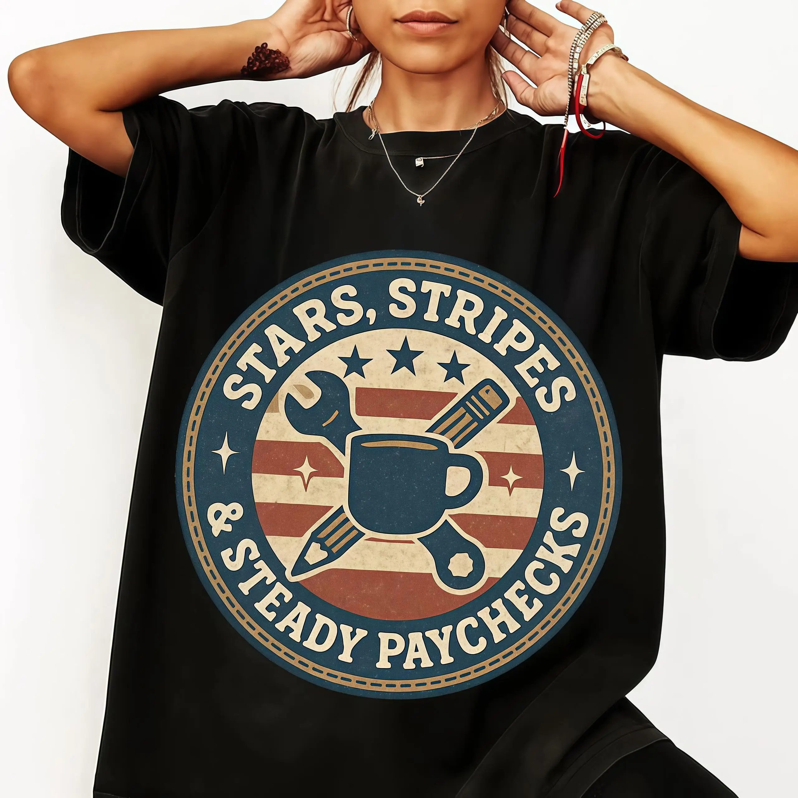 

"Stars Stripes T-Shirt for Women | Funny Work Quote Graphic Tee | Patriotic Labor Day Gift | Union Worker Top"