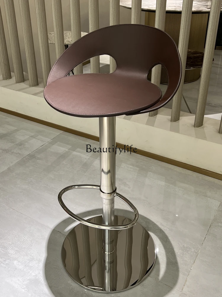 Italian Style Light Luxury Modern Minimalist Saddle Leather Lifting Kitchen Island Chair High Leg Stool