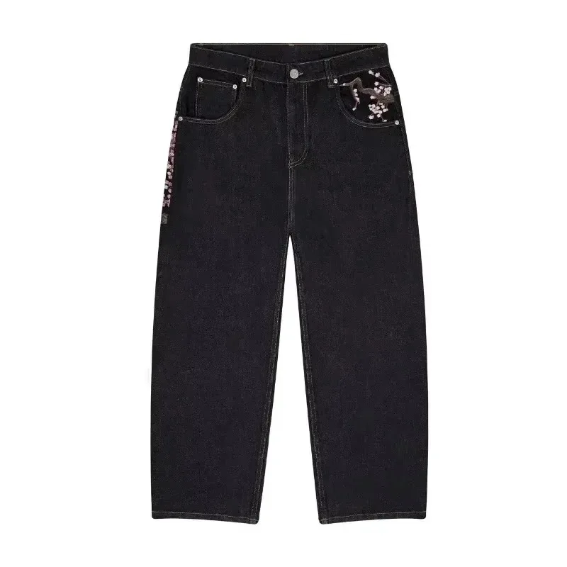 

Women's Summer High Waist Jeans Straight Leg Floral Embroidery Harajuku Style Denim Pants Black Casual Vintage Flower Design