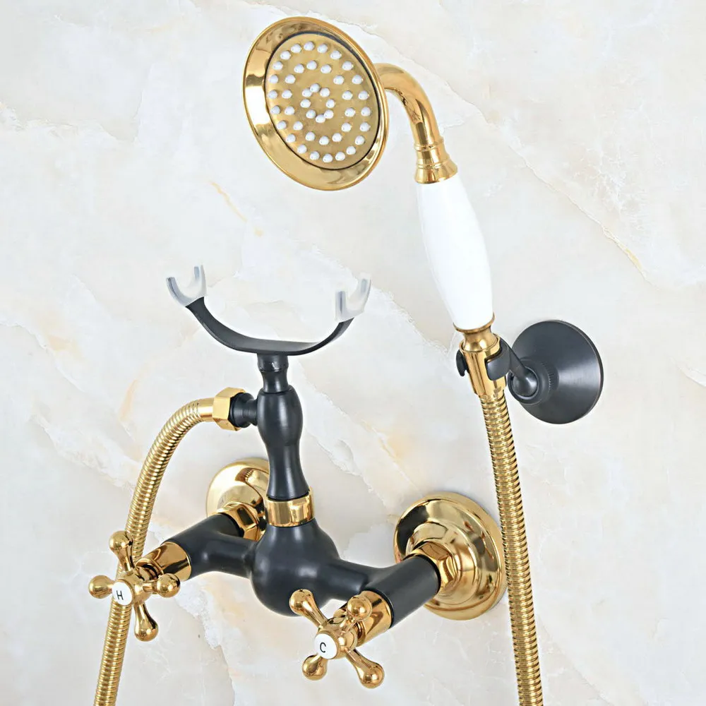 

Black Oil Rubbed & Gold Brass Wall Mount Bathtub Faucet with Handheld Shower Set +1500MM Hose Mixer Tap 2na540