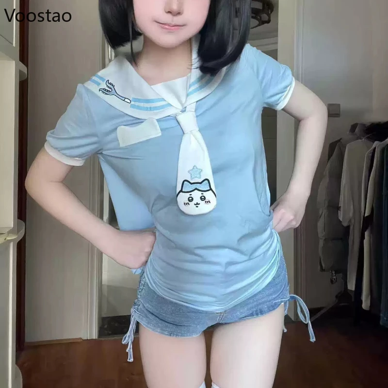 اليابانية الحلو لوليتا تي شيرت المرأة لطيف بحار طوق الكرتون طباعة Kawaii فضفاض القمم Y2k الجمالية الفتيات Harajuku الجنية تيز