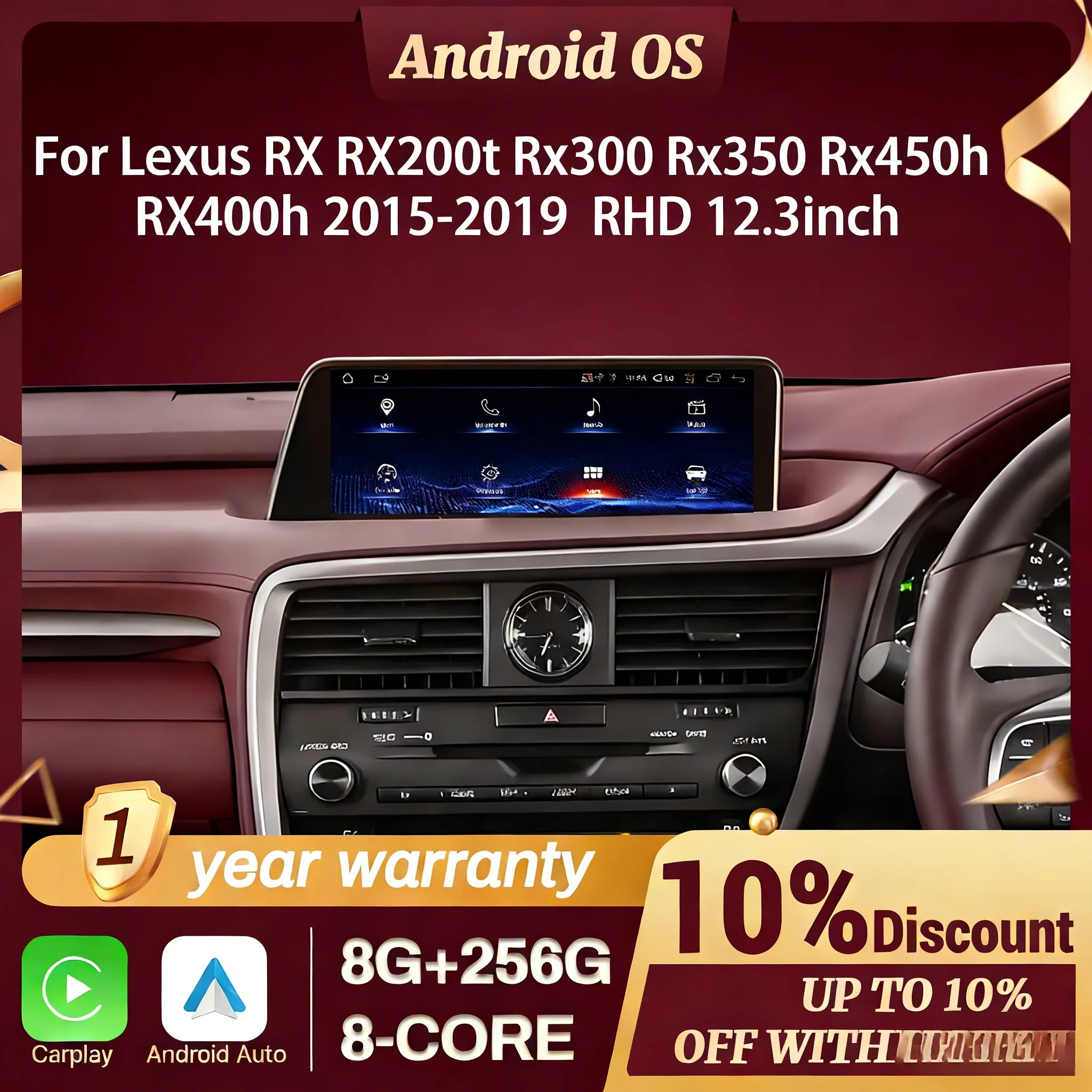 12.3inch RHD Car Radio Wireless CarPlay Multimedia Snapdragon 685 Screen For Lexus RX RX200t Rx300 Rx350 Rx450h RX400h 2015-2019