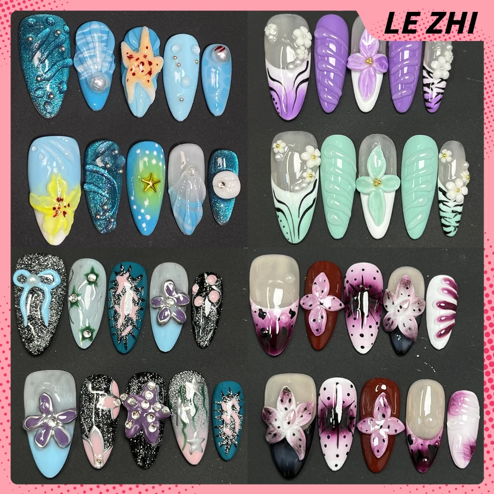 

10Pcs Hottie French Style Blush Almond Coffin Handmade Press On Nails 3D Flower Pearl Bow Five-Pointed Star Reusable Fake Nails