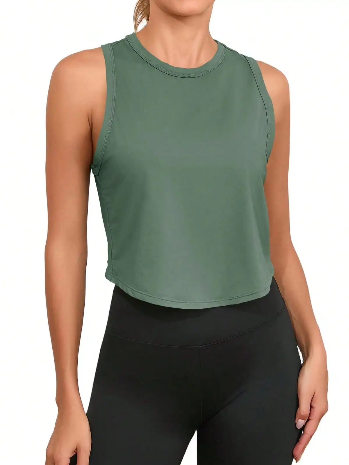 

Fisoew Womens Workout Cropped Tank Tops Racerback Sleeveless Crewneck Running Yoga Active Shirts