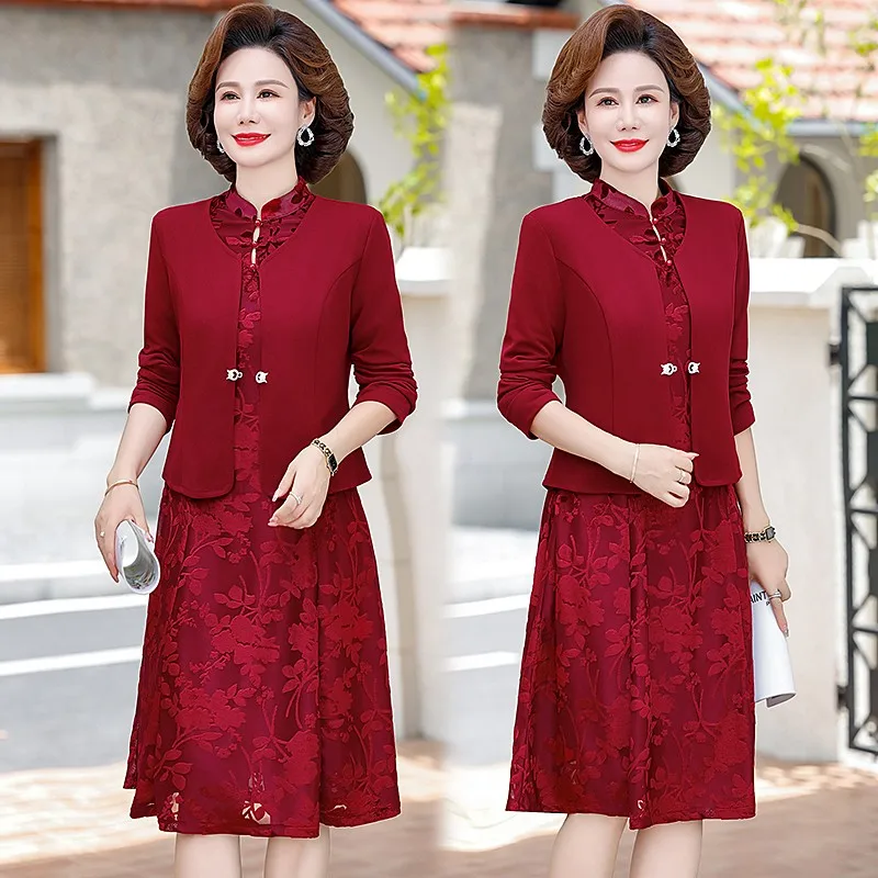 New Fashionable Red Lace Dress 2-piece Set For Middle-aged Women\'s Clothing Long Dress Over Knees For Wedding Banquet