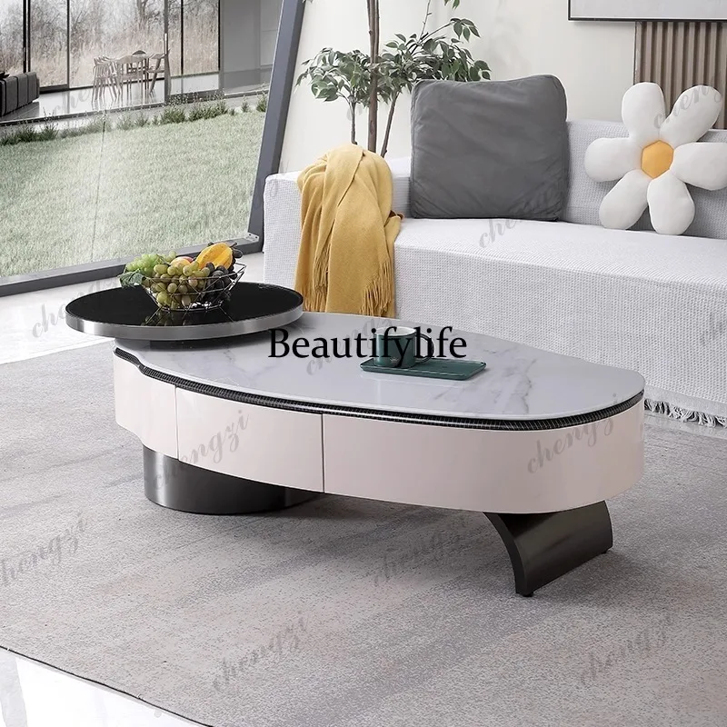 Light luxury modern high-end marble microcrystalline stone coffee table living room rotating double drawer tea table