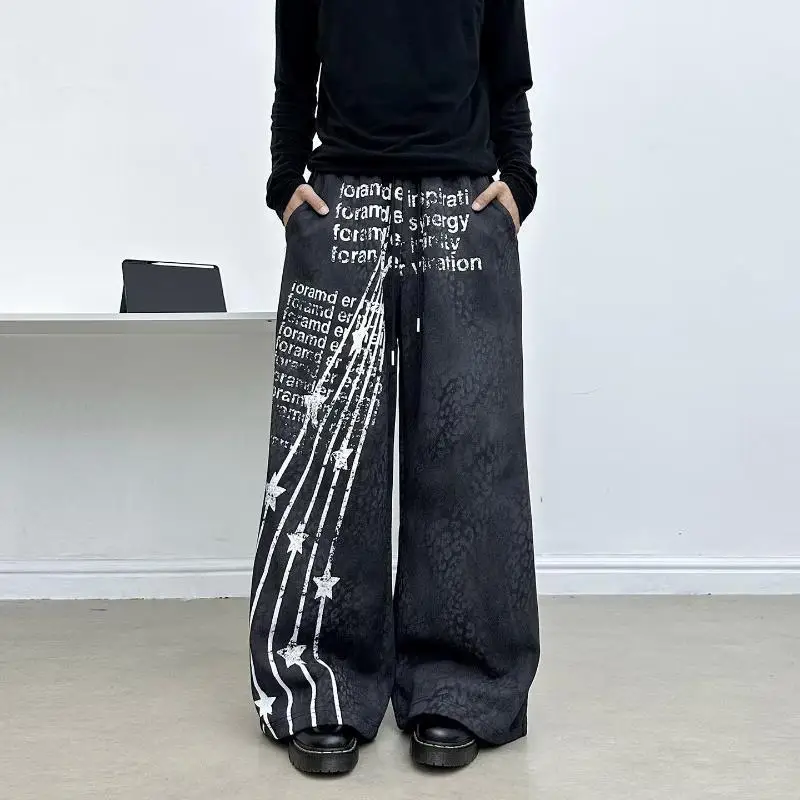 Men's Star Letter Printed Retro Casual Pants Wide Legs Sweatpants 90s Street Boys Bottom Male High Waist Unisex Trousers